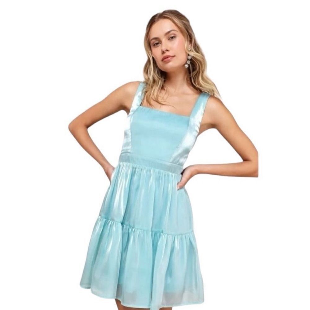 Lulus Thriving Darling Shiny Teal Blue Sleeveless Tiered Mini Dress Large NEW